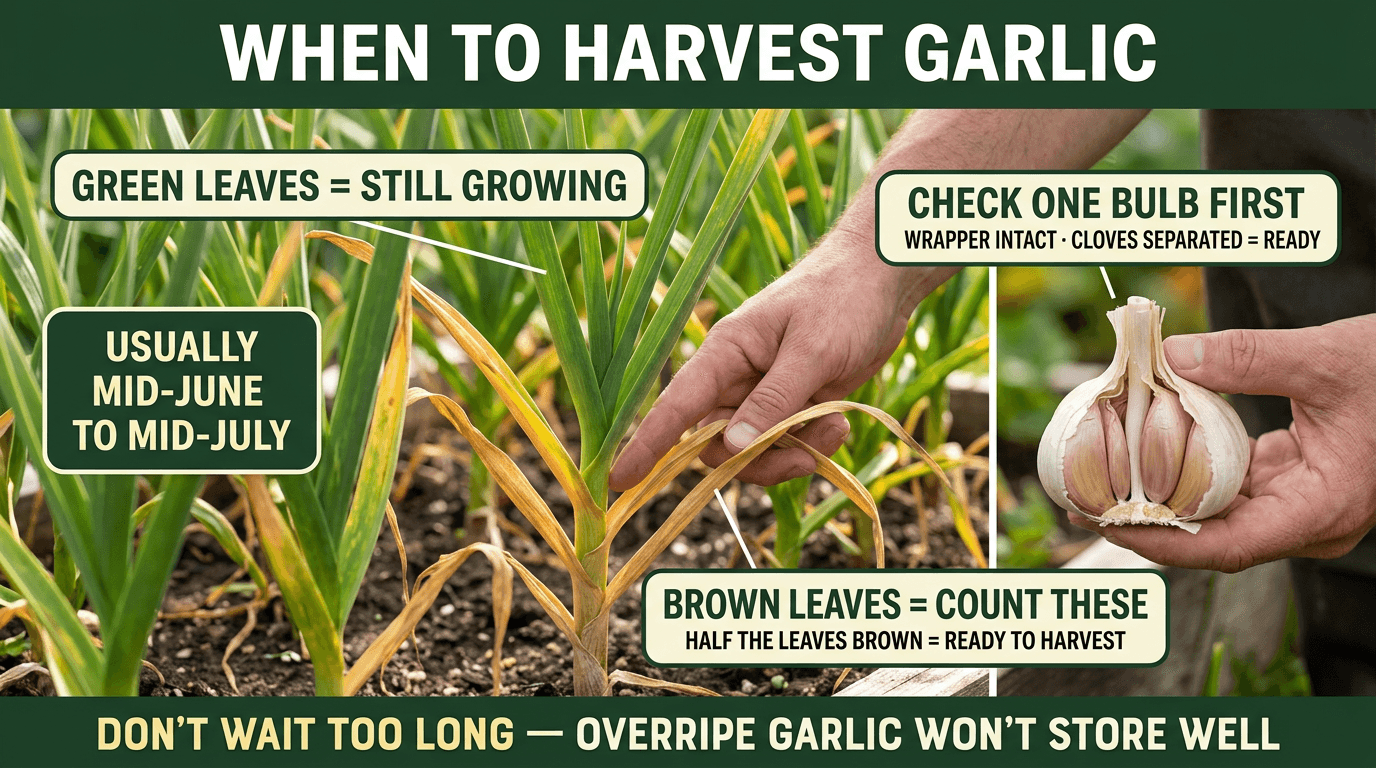 When to harvest garlic: half the leaves brown means ready, check one bulb first for intact wrapper
