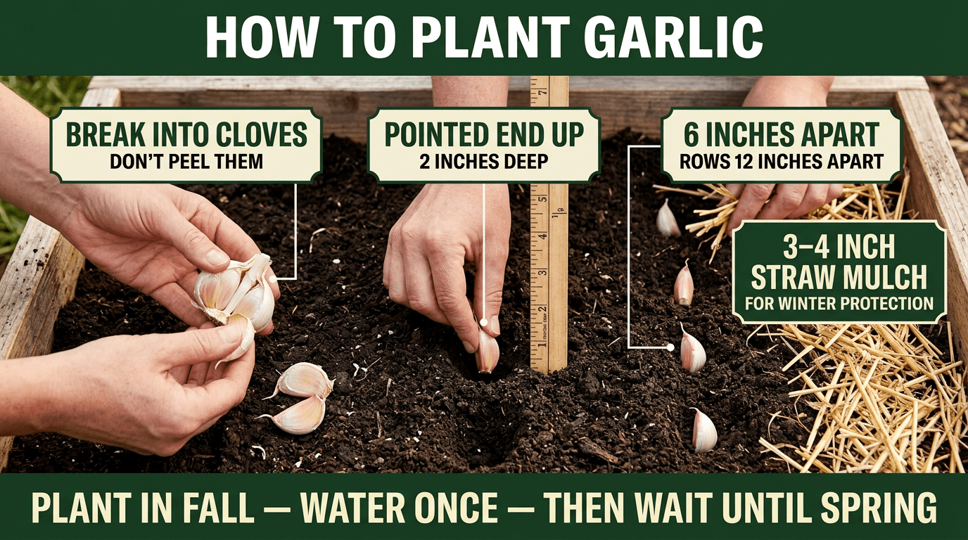 How to plant garlic: break into cloves, pointed end up 2 inches deep, 6 inches apart, straw mulch