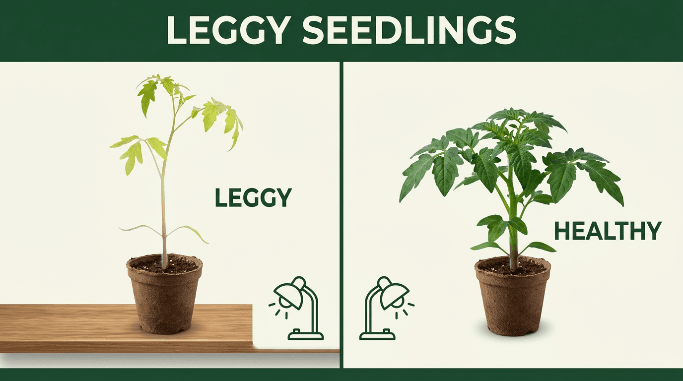 Leggy vs healthy seedling comparison showing insufficient light causes etiolation