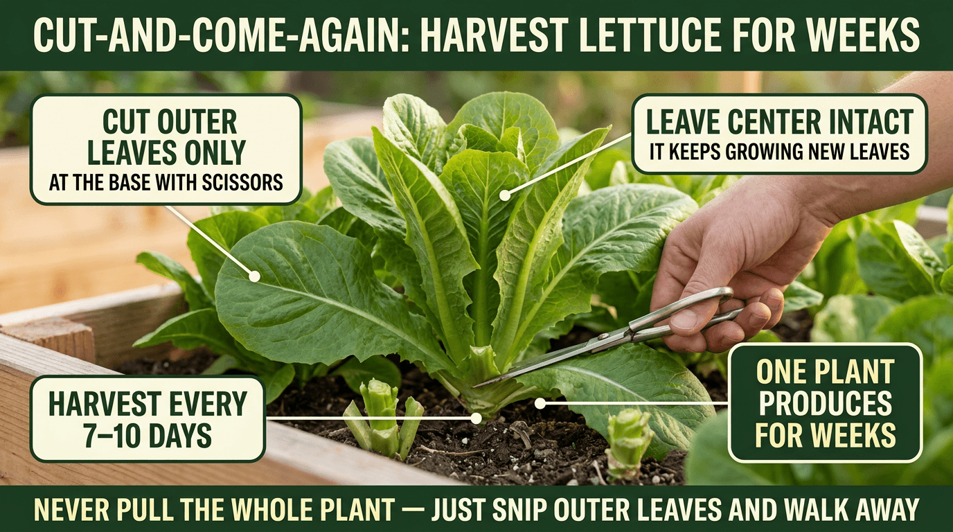 Cut-and-come-again lettuce harvesting: snip outer leaves at base with scissors, leave center growing
