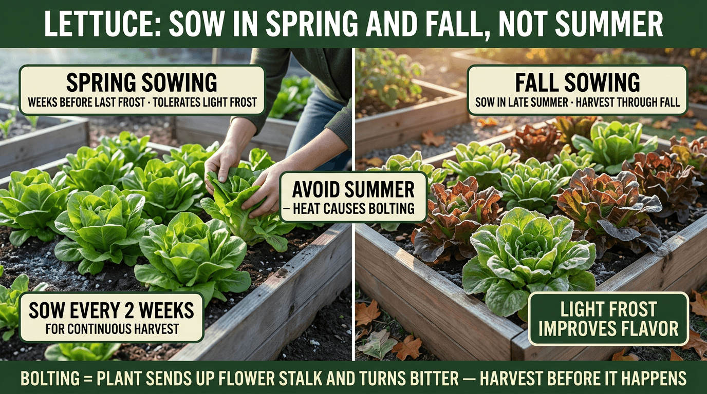 Lettuce sowing guide: sow in spring and fall, avoid summer heat which causes bolting