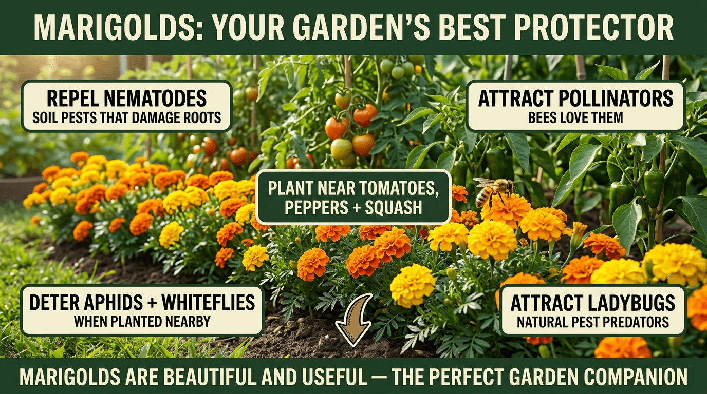 Marigolds as garden protectors: repel nematodes, attract pollinators and ladybugs, deter aphids, plant near tomatoes