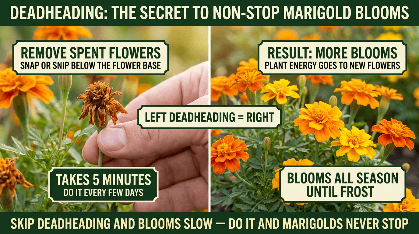 Deadheading marigolds: snap spent flowers below the base every few days for non-stop blooms until frost