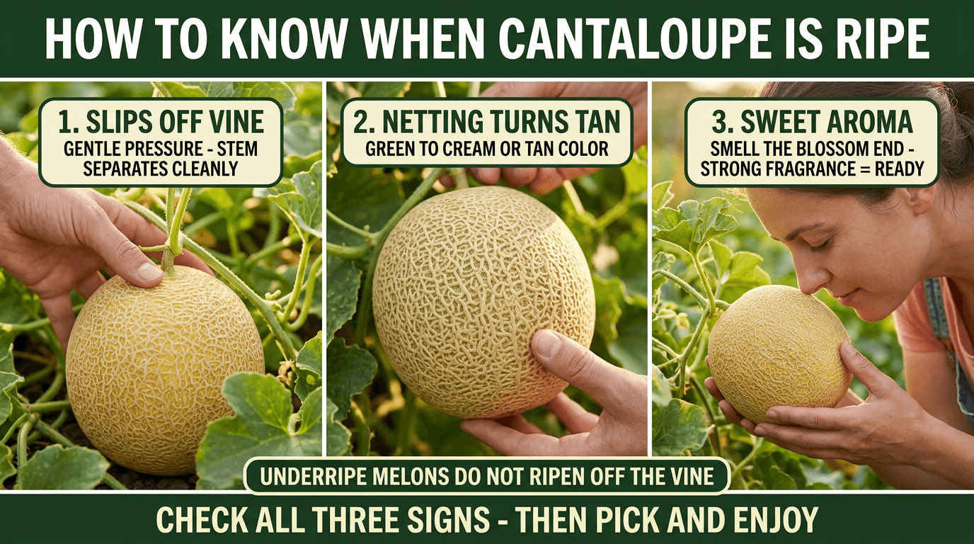 How to know when cantaloupe is ripe: slips off vine, netting turns tan, sweet aroma at blossom end
