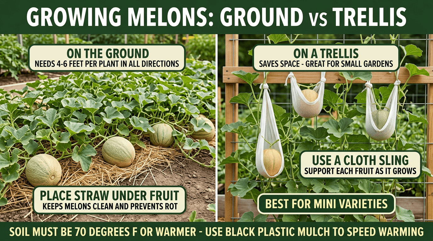 Growing melons ground vs trellis: straw under fruit on ground, cloth sling support on trellis