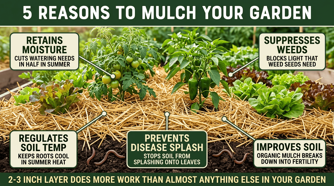5 reasons to mulch: retains moisture, suppresses weeds, regulates soil temp, improves soil, prevents disease splash