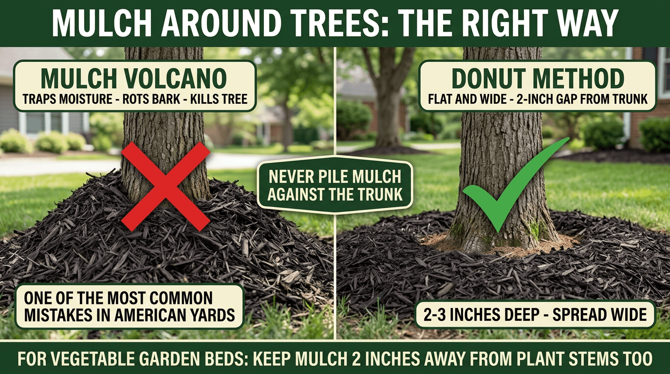 Mulch around trees: avoid mulch volcano, use donut method with 2-inch gap from trunk