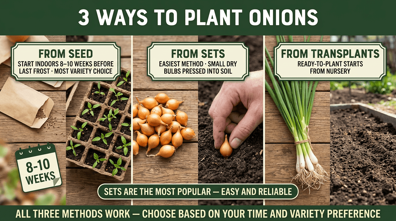3 ways to plant onions: from seed indoors 8-10 weeks, from sets easiest method, from nursery transplants