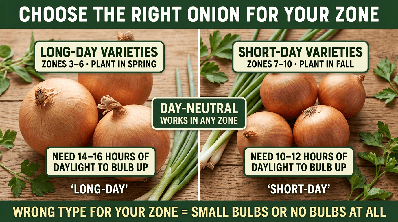 Choose the right onion: long-day for zones 3-6 spring, short-day for zones 7-10 fall, day-neutral for any zone
