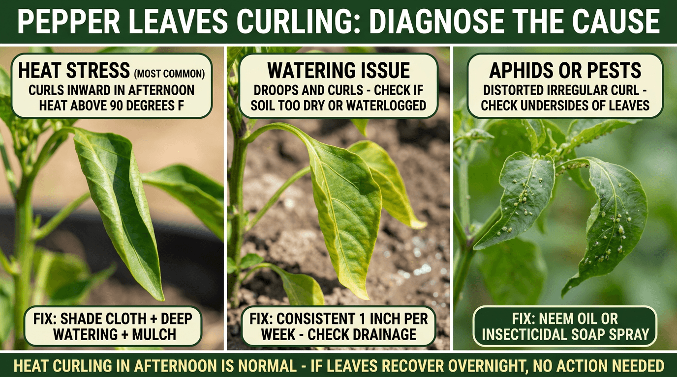 Pepper leaves curling diagnosis: heat stress inward curl, watering issue drooping curl, aphids distorted irregular curl