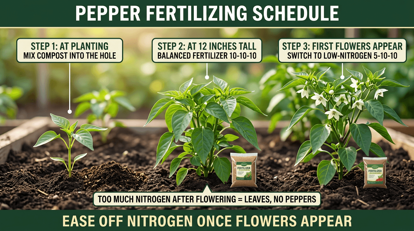 Pepper fertilizing schedule: compost at planting, 10-10-10 at 12 inches, 5-10-10 at first flowers