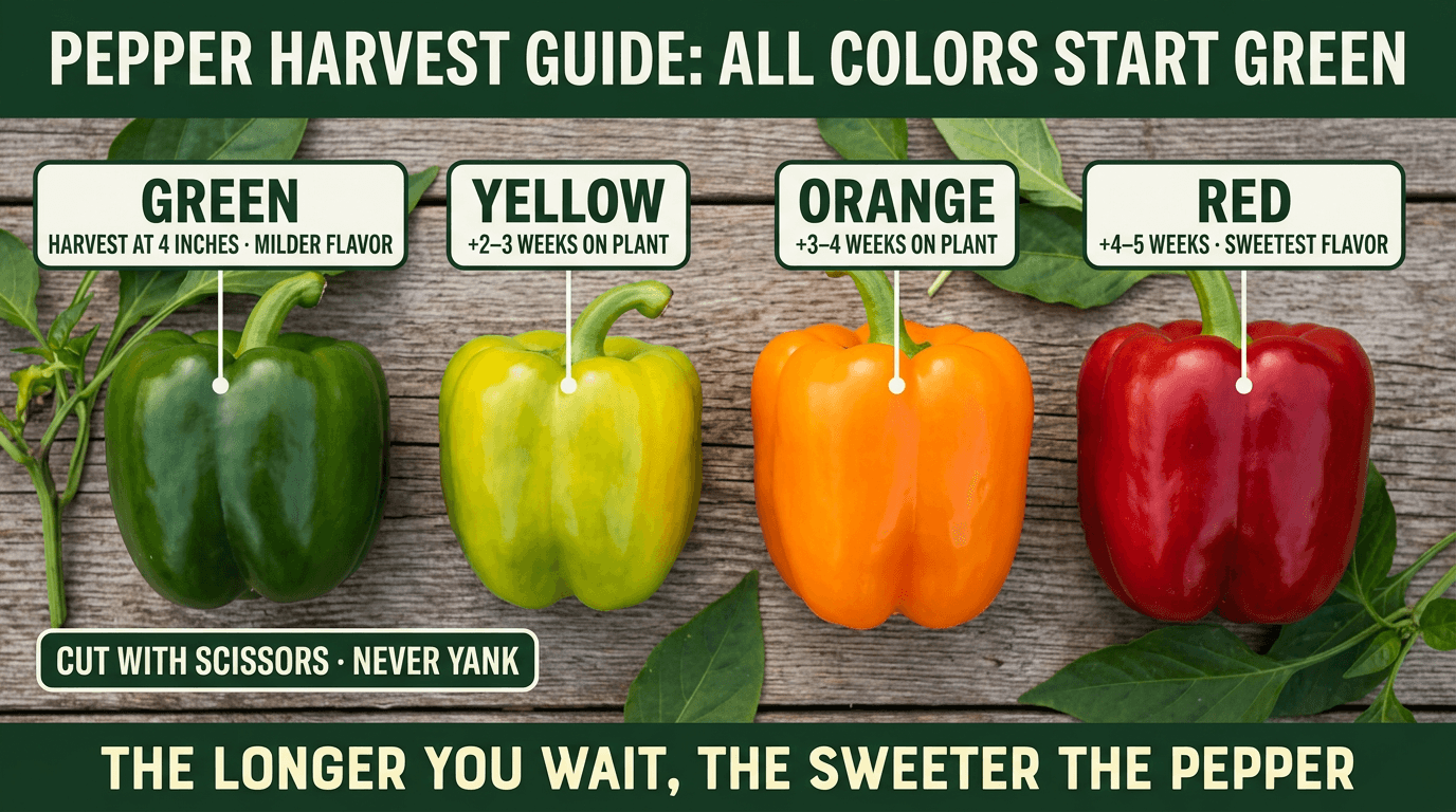 Pepper harvest guide: green yellow orange red bell peppers showing color progression and weeks on plant