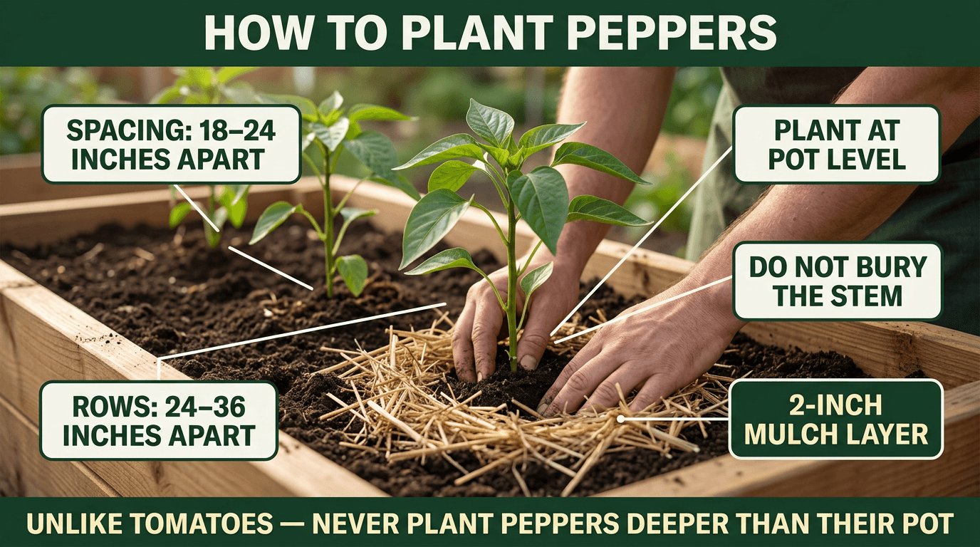 How to plant peppers: spacing 18-24 inches, plant at pot level, do not bury the stem, 2-inch mulch layer