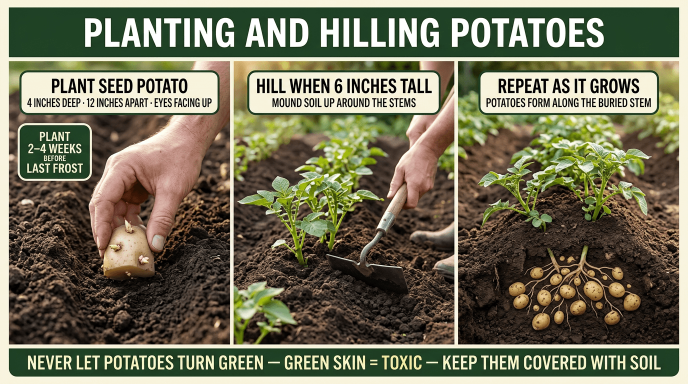 Planting and hilling potatoes: plant 4 inches deep eyes up, hill when 6 inches tall, potatoes form along buried stem