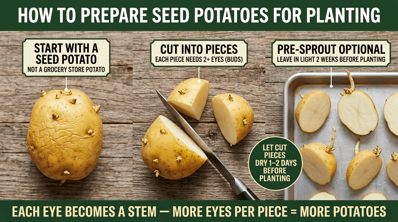 How to prepare seed potatoes: cut into pieces with 2 or more eyes, let dry 1-2 days, optional pre-sprouting