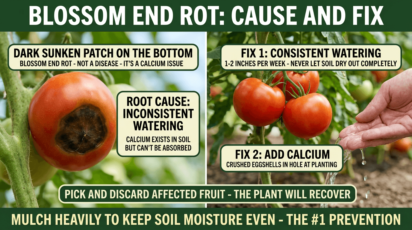 Blossom end rot: dark sunken patch caused by inconsistent watering, fix with consistent water and calcium