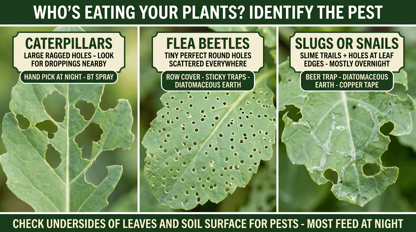 Pest identification by leaf holes: caterpillars ragged holes, flea beetles tiny holes, slugs edge holes with slime
