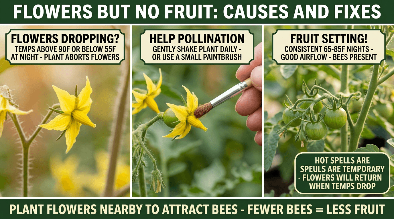 Flowers but no fruit: temperature extremes cause flower drop, help pollination by shaking plant daily