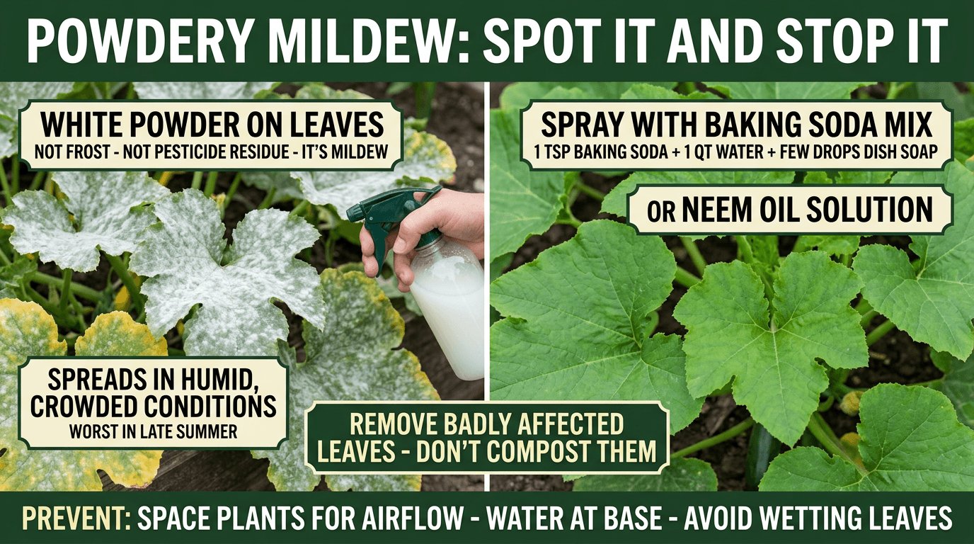 Powdery mildew on squash: white powder on leaves, treat with baking soda spray or neem oil