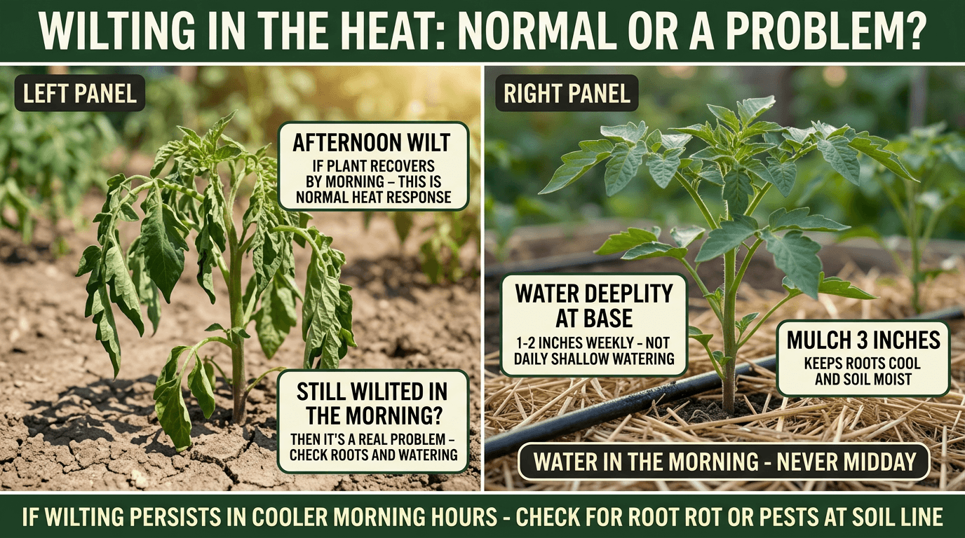 Wilting in heat: afternoon wilt is normal if plant recovers by morning, water deeply at base and mulch