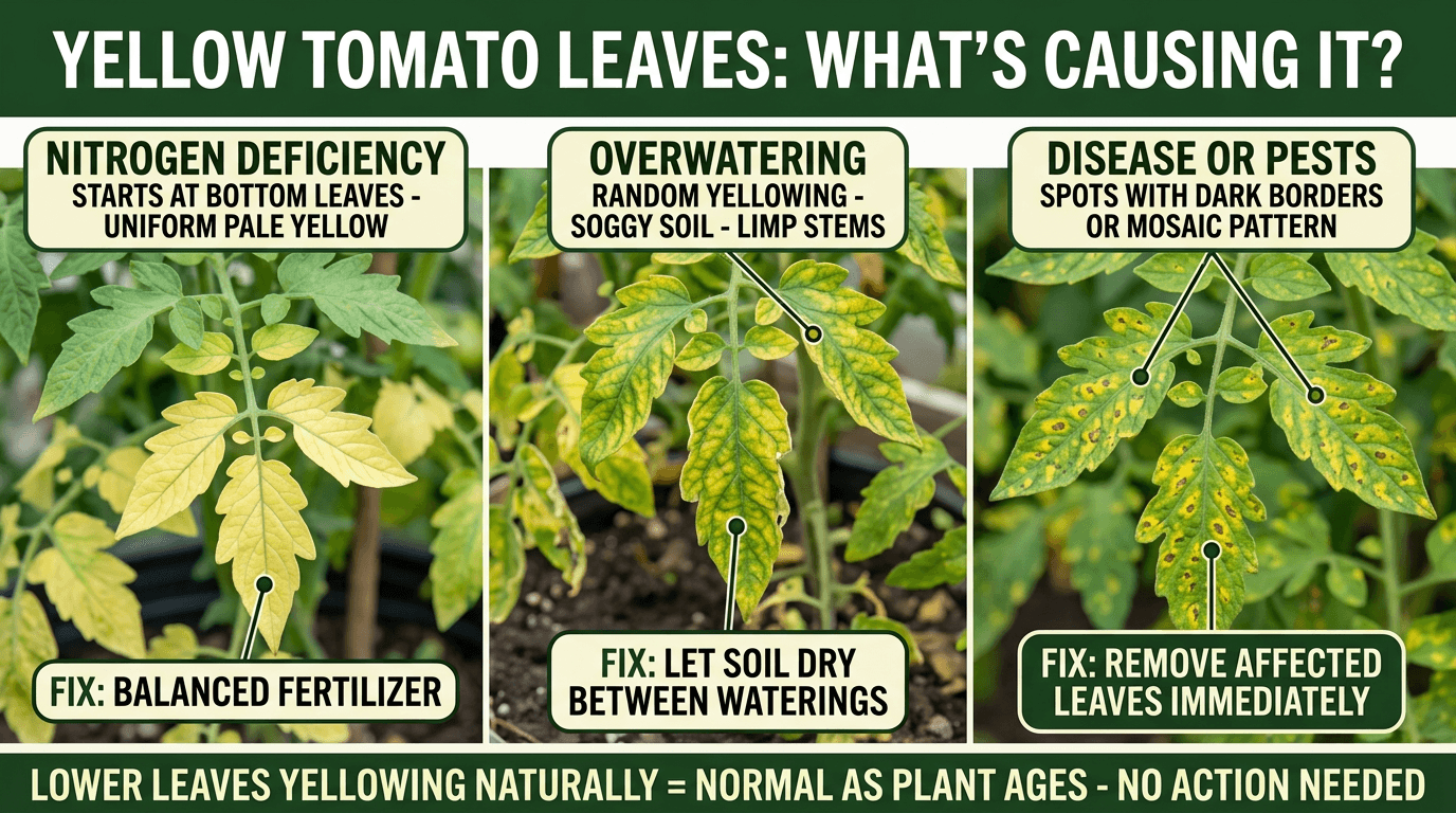 Yellow tomato leaves: nitrogen deficiency starts at bottom, overwatering causes random yellowing, disease causes spots