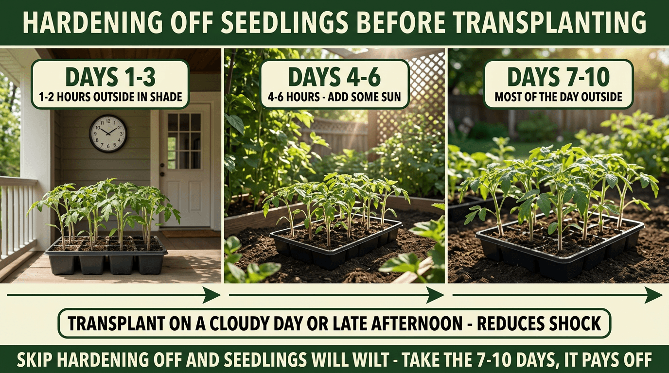 Hardening off seedlings: days 1-3 in shade, days 4-6 with sun, days 7-10 most of day outside before transplanting