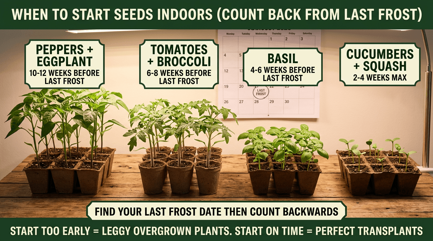 When to start seeds indoors: peppers 10-12 weeks, tomatoes 6-8 weeks, basil 4-6 weeks, cucumbers 2-4 weeks before last frost