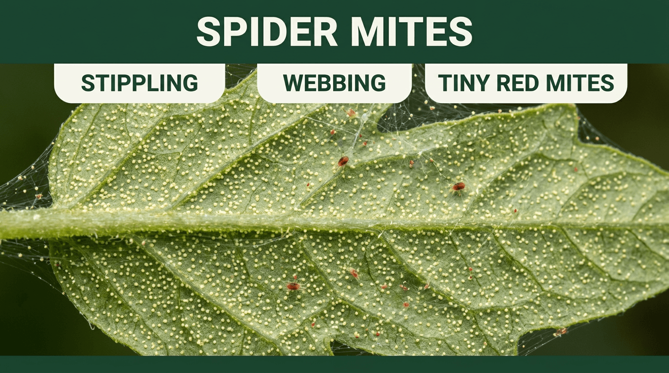 Leaf underside showing spider mite damage: pale stippling dots, fine webbing, and tiny red mites