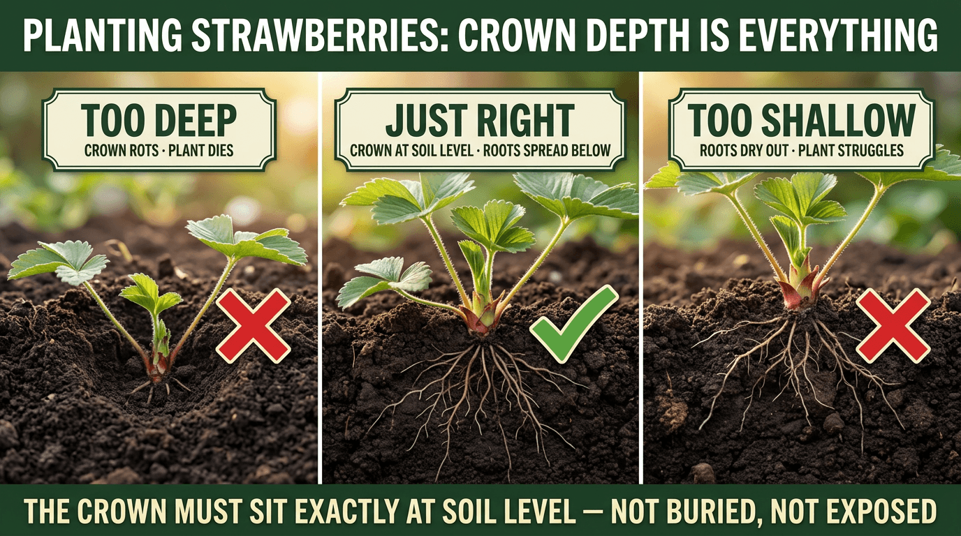 Strawberry crown depth: too deep rots, just right crown at soil level, too shallow roots dry out