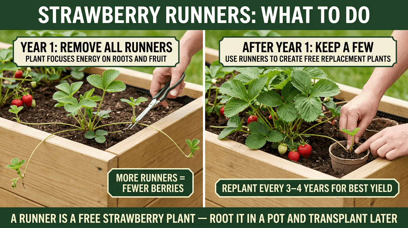 Strawberry runners: remove all in year 1, keep a few after year 1 to create replacement plants