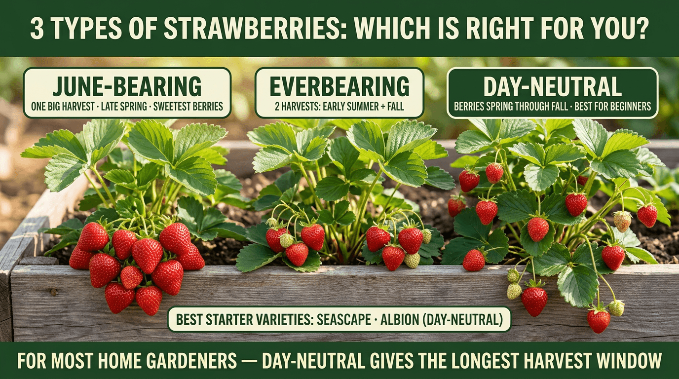 3 types of strawberries: June-bearing one big harvest, Everbearing two harvests, Day-neutral spring through fall