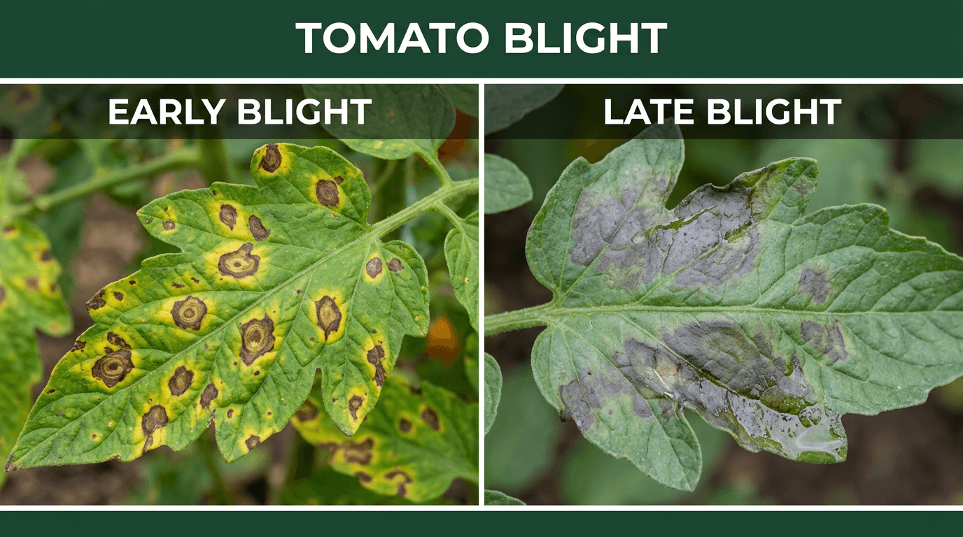 Early blight vs late blight comparison on tomato leaves: target-ring spots vs water-soaked dark patches