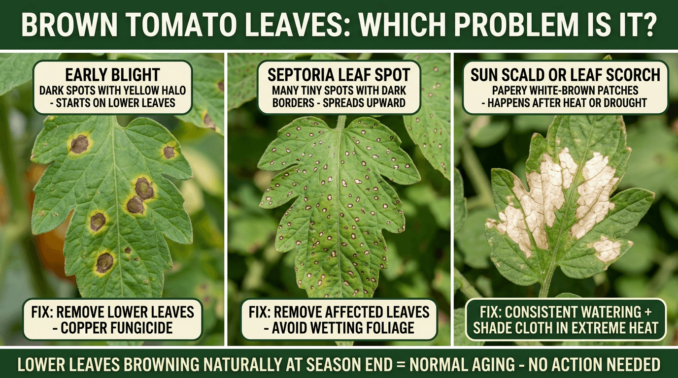 Brown tomato leaves: early blight spots with yellow halo, septoria tiny spots, sun scald papery patches