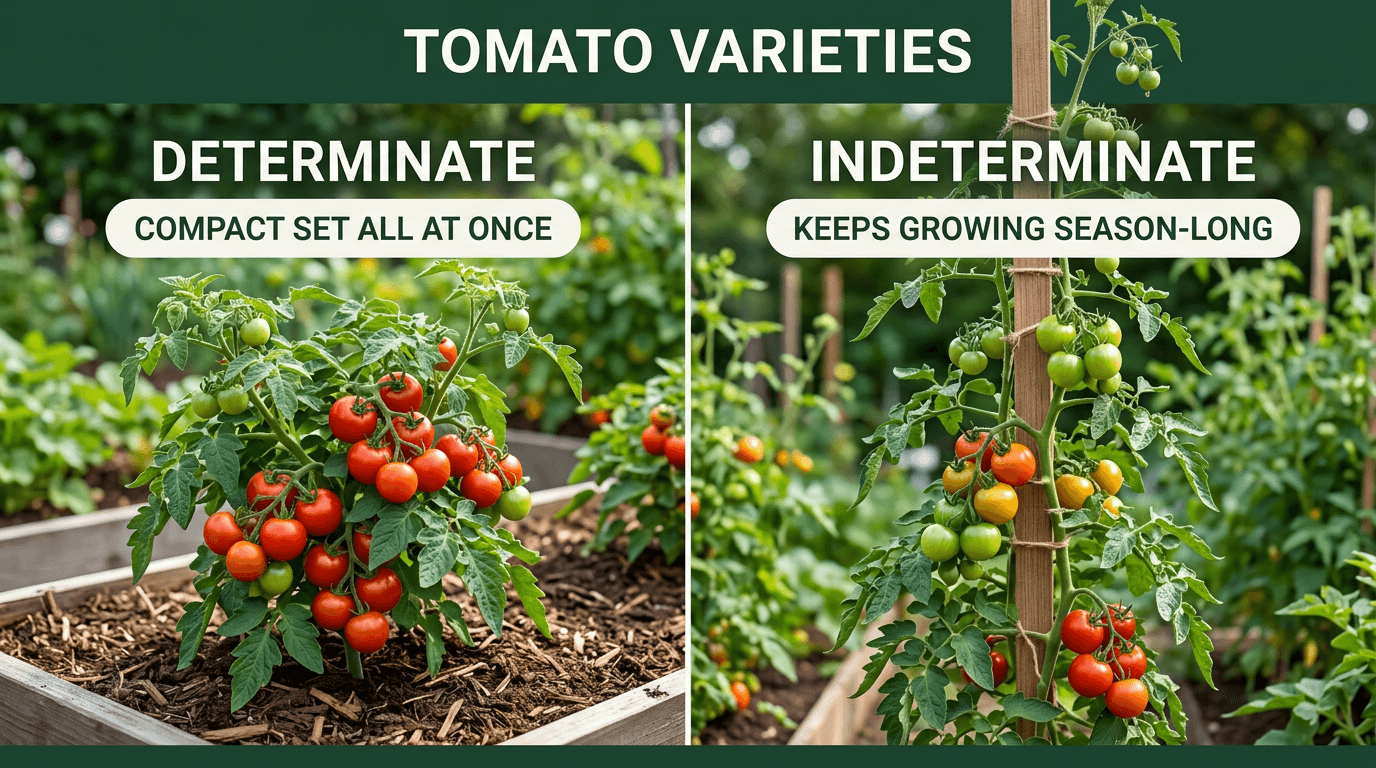Determinate vs indeterminate tomato varieties: compact bush vs tall staked plant