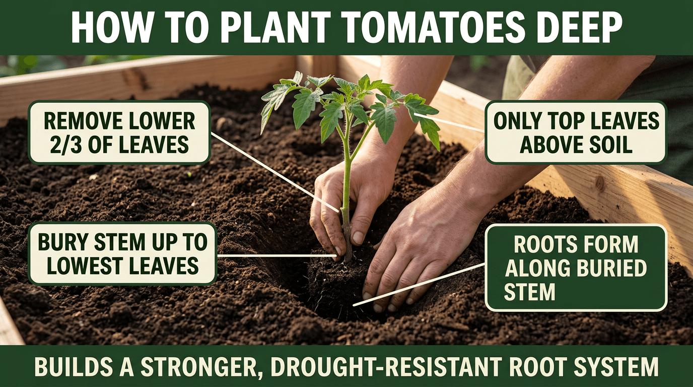 How to plant tomatoes deep: remove lower leaves, bury stem, roots grow from buried stem