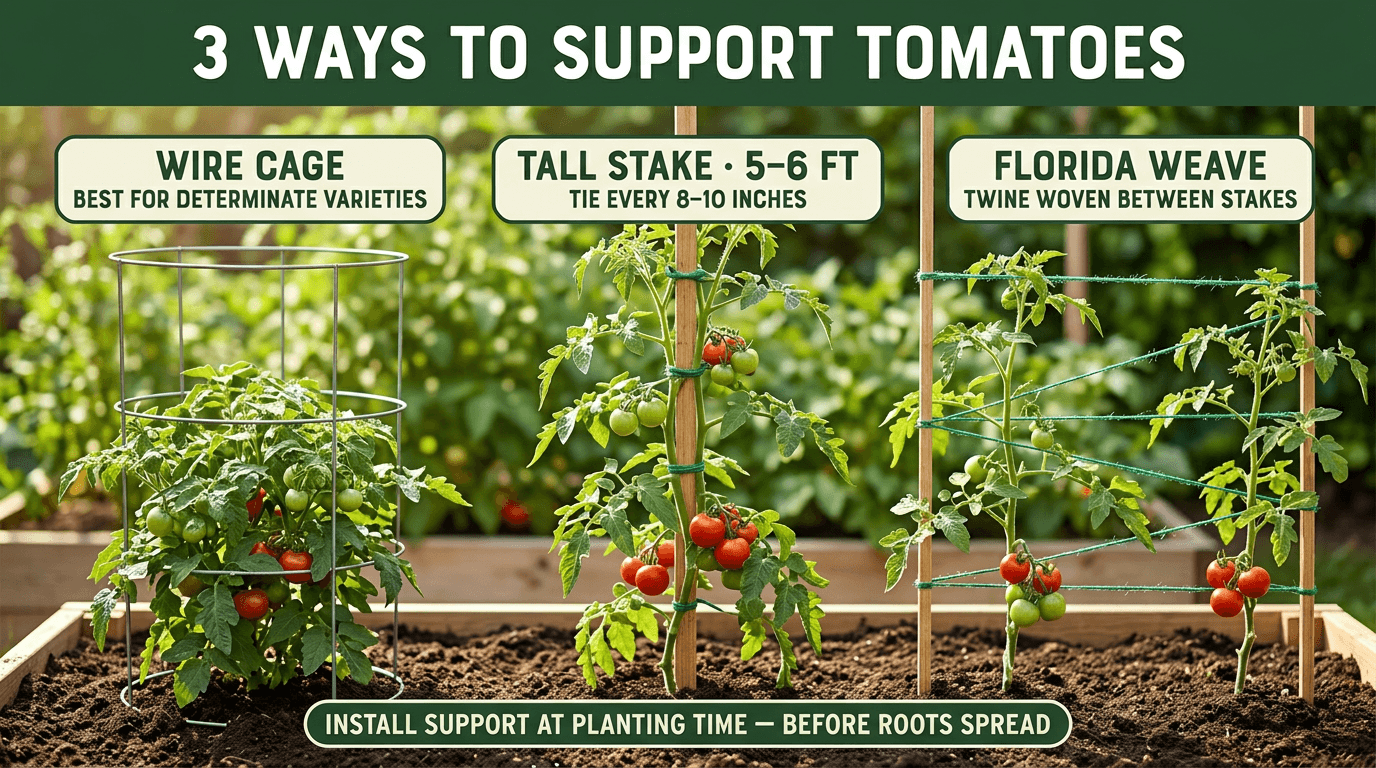 3 ways to support tomatoes: wire cage, tall stake, and Florida weave method