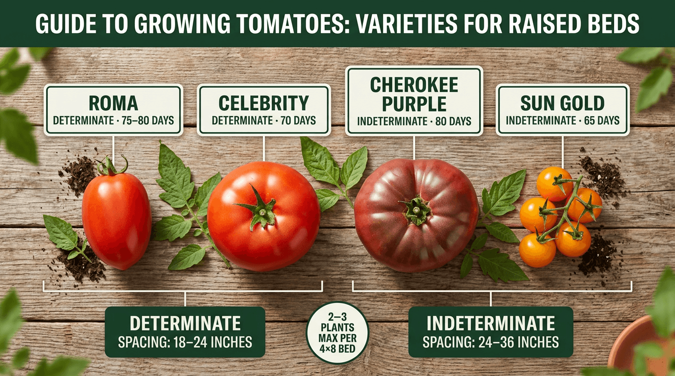 Tomato varieties for raised beds: Roma, Celebrity, Cherokee Purple and Sun Gold with days to maturity and spacing guide