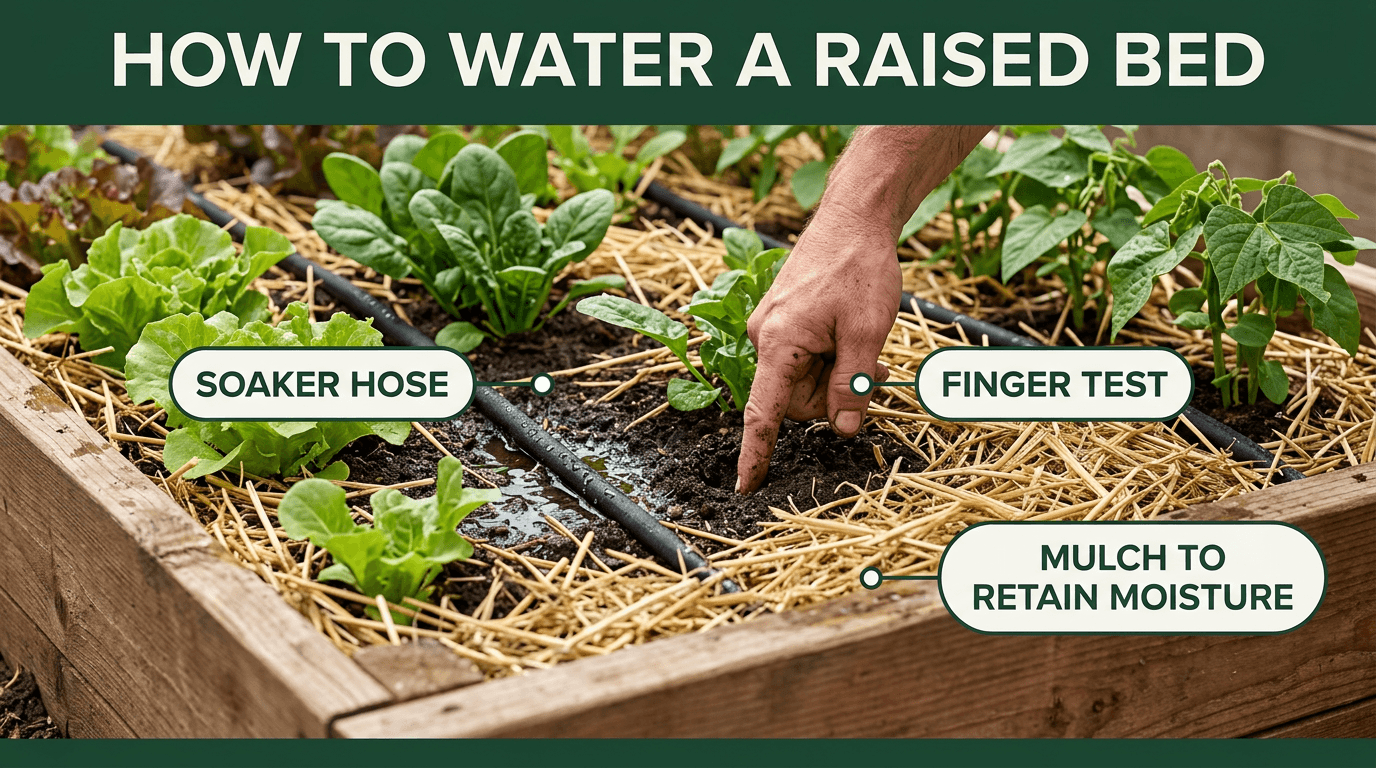 Raised bed watering technique showing soaker hose, finger test soil check, and straw mulch