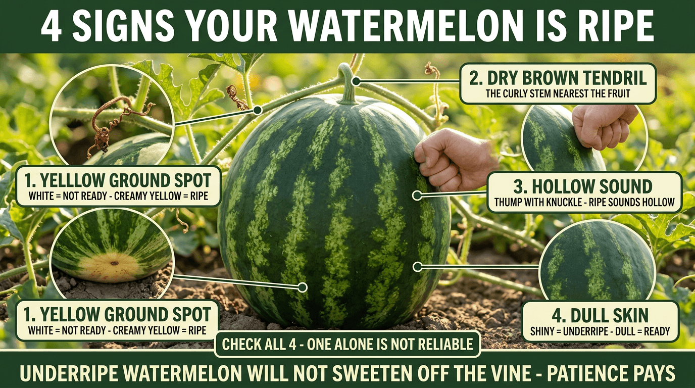 4 signs watermelon is ripe: yellow ground spot, dry brown tendril, hollow sound, dull skin