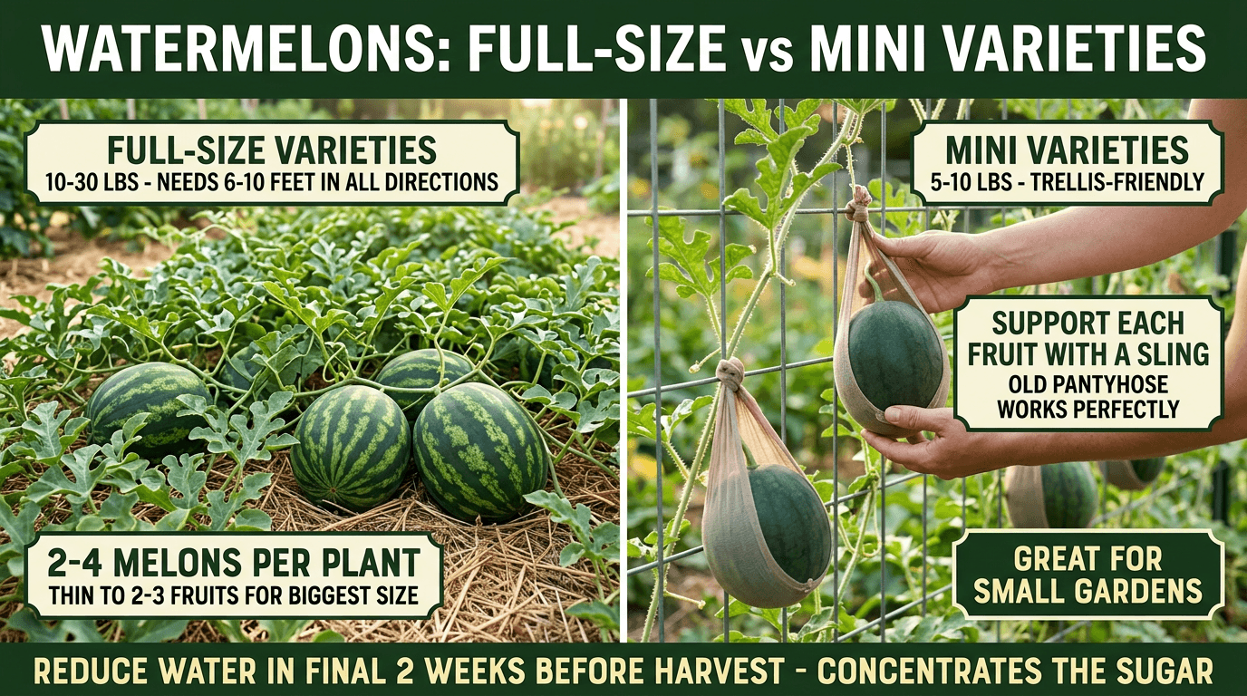 Watermelons full-size vs mini varieties: full-size needs 6-10 feet, mini on trellis with cloth sling