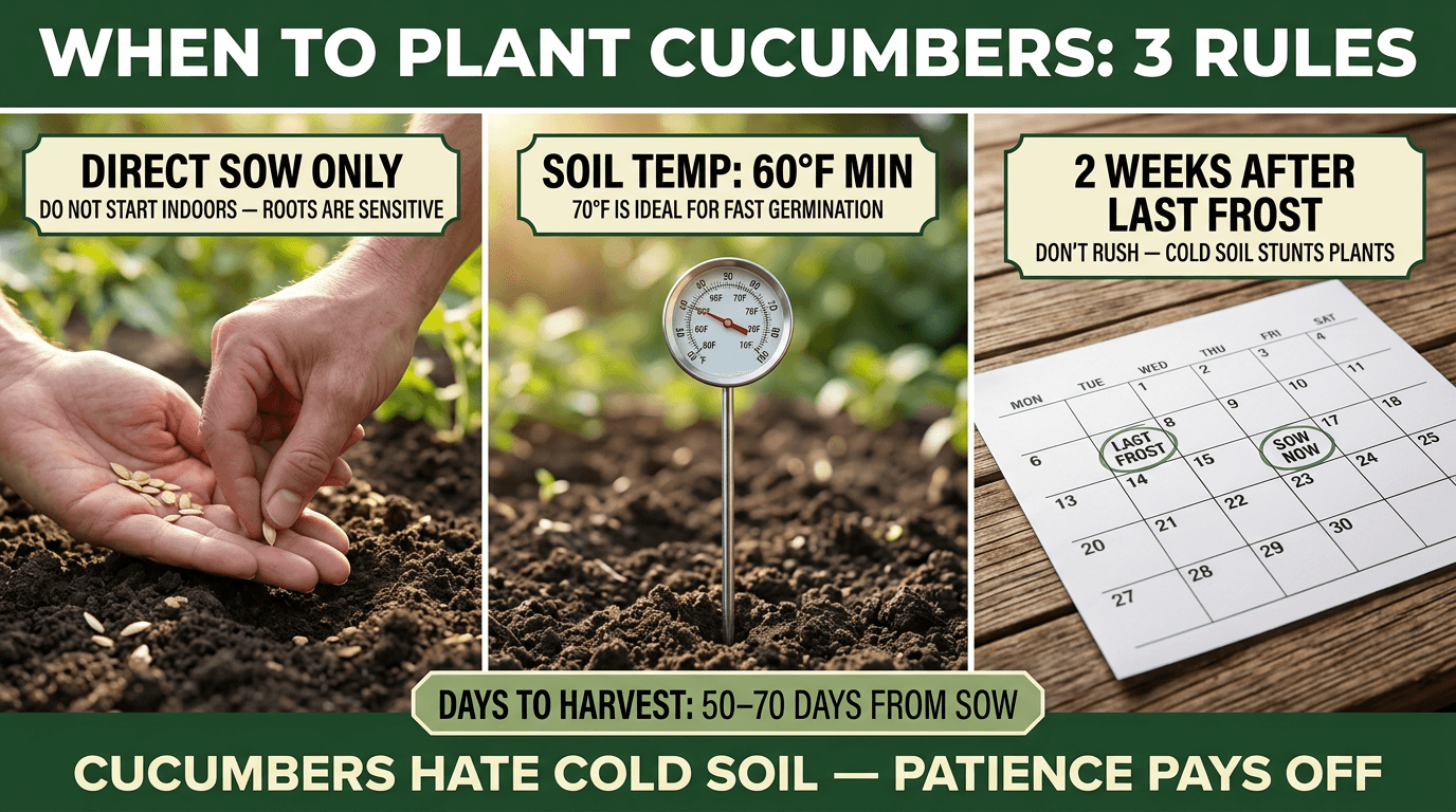 When to plant cucumbers: direct sow only, soil temp 60F minimum, 2 weeks after last frost