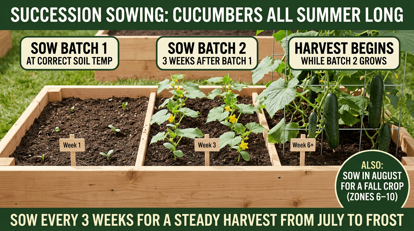 Succession sowing cucumbers every 3 weeks for harvest all summer long