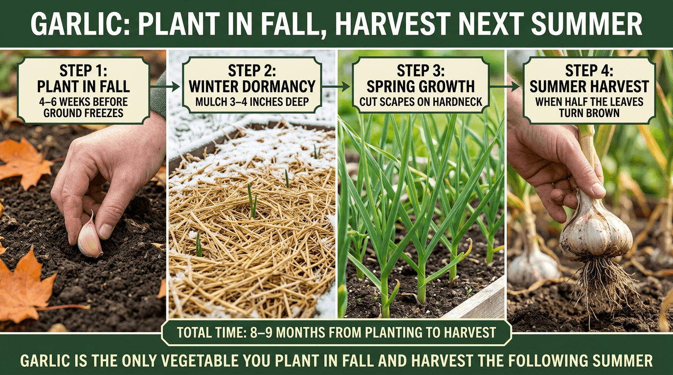 Garlic planting timeline: plant in fall, winter dormancy with mulch, spring growth with scapes, summer harvest