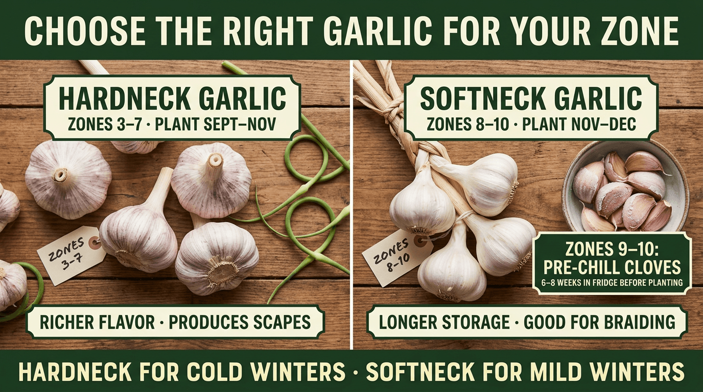 Choose the right garlic: hardneck for zones 3-7 planted fall, softneck for zones 8-10 with pre-chilling for zones 9-10