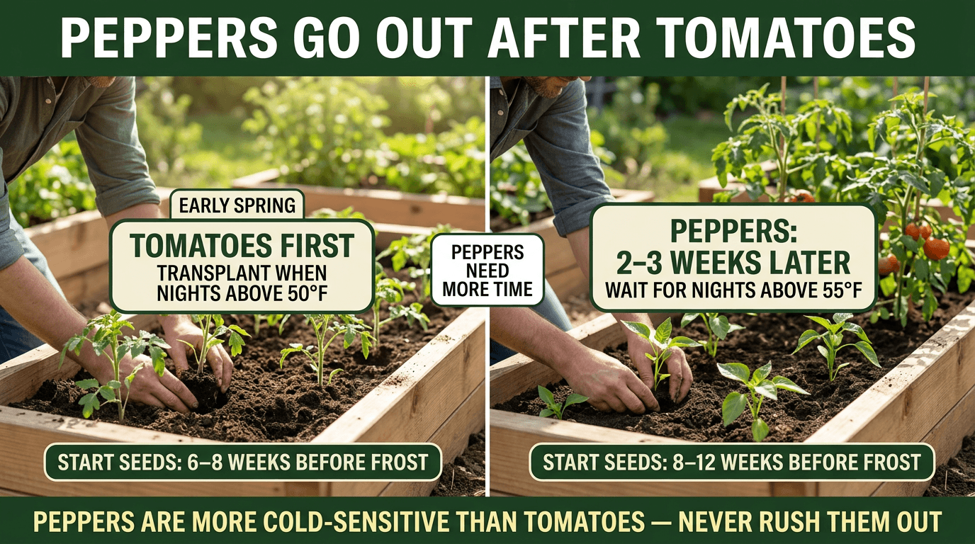Peppers go out after tomatoes: peppers need nights above 55F and 2-3 more weeks than tomatoes