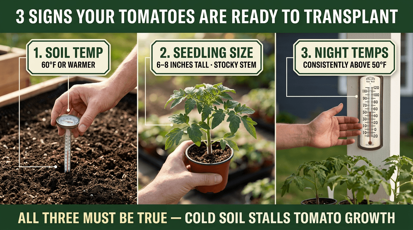 3 signs your tomatoes are ready to transplant: soil temp 60F, seedling size, night temps above 50F