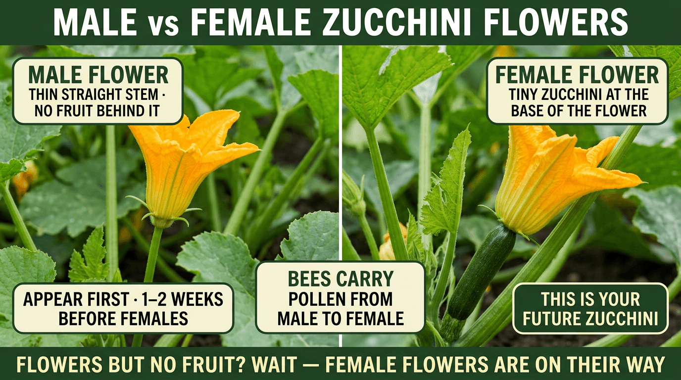 Male vs female zucchini flowers: male has thin stem no fruit, female has tiny zucchini at base