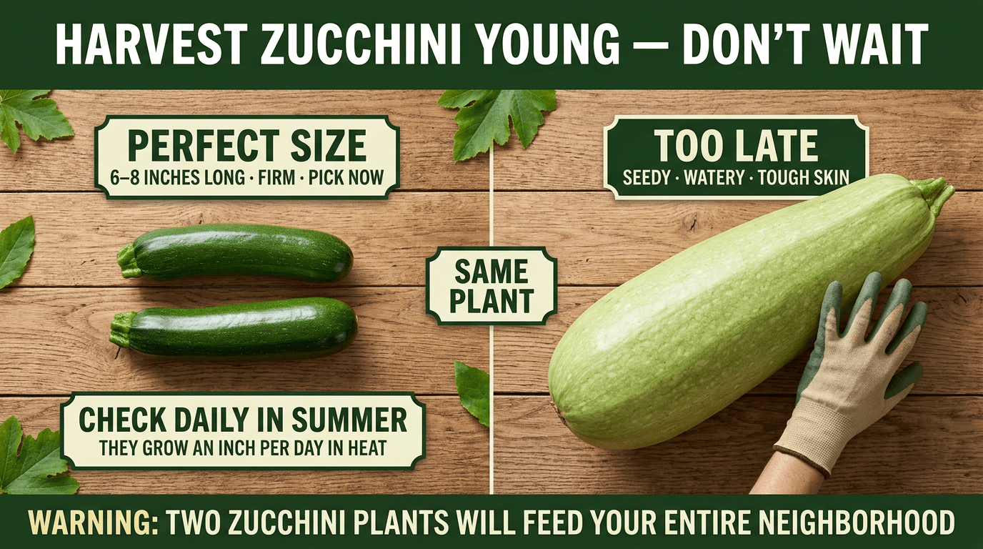Harvest zucchini young at 6-8 inches: small firm dark green versus giant overripe pale zucchini