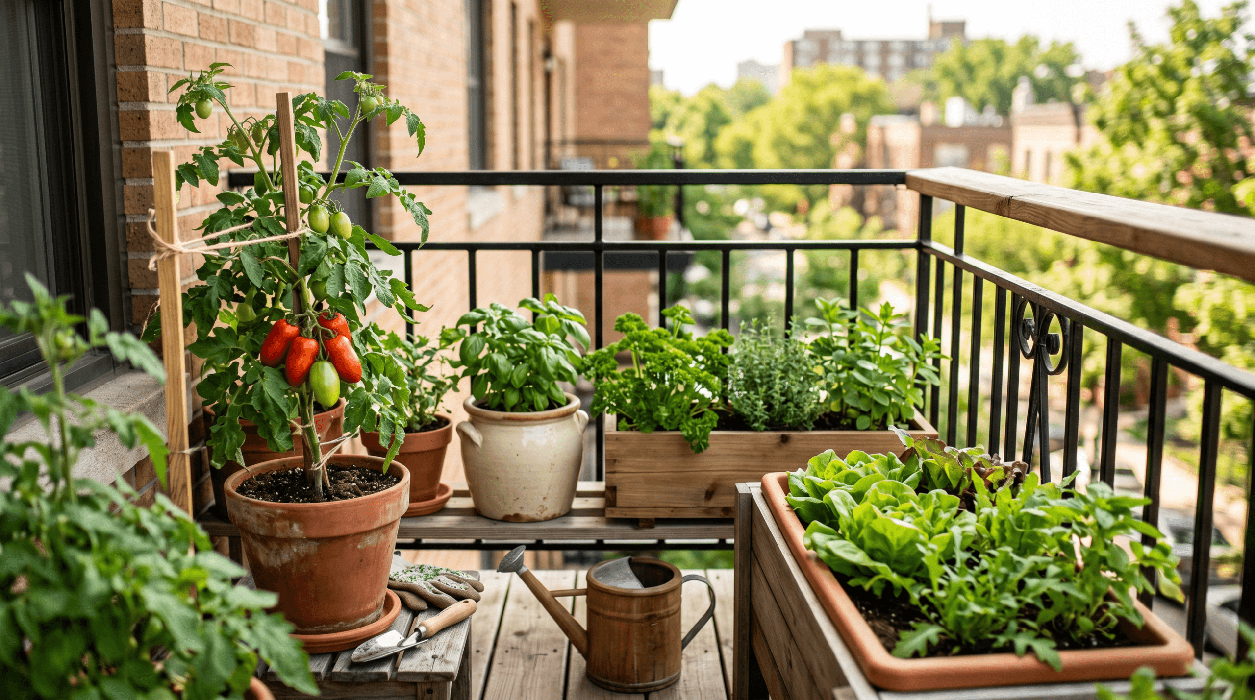 Balcony container vegetable garden in the sun