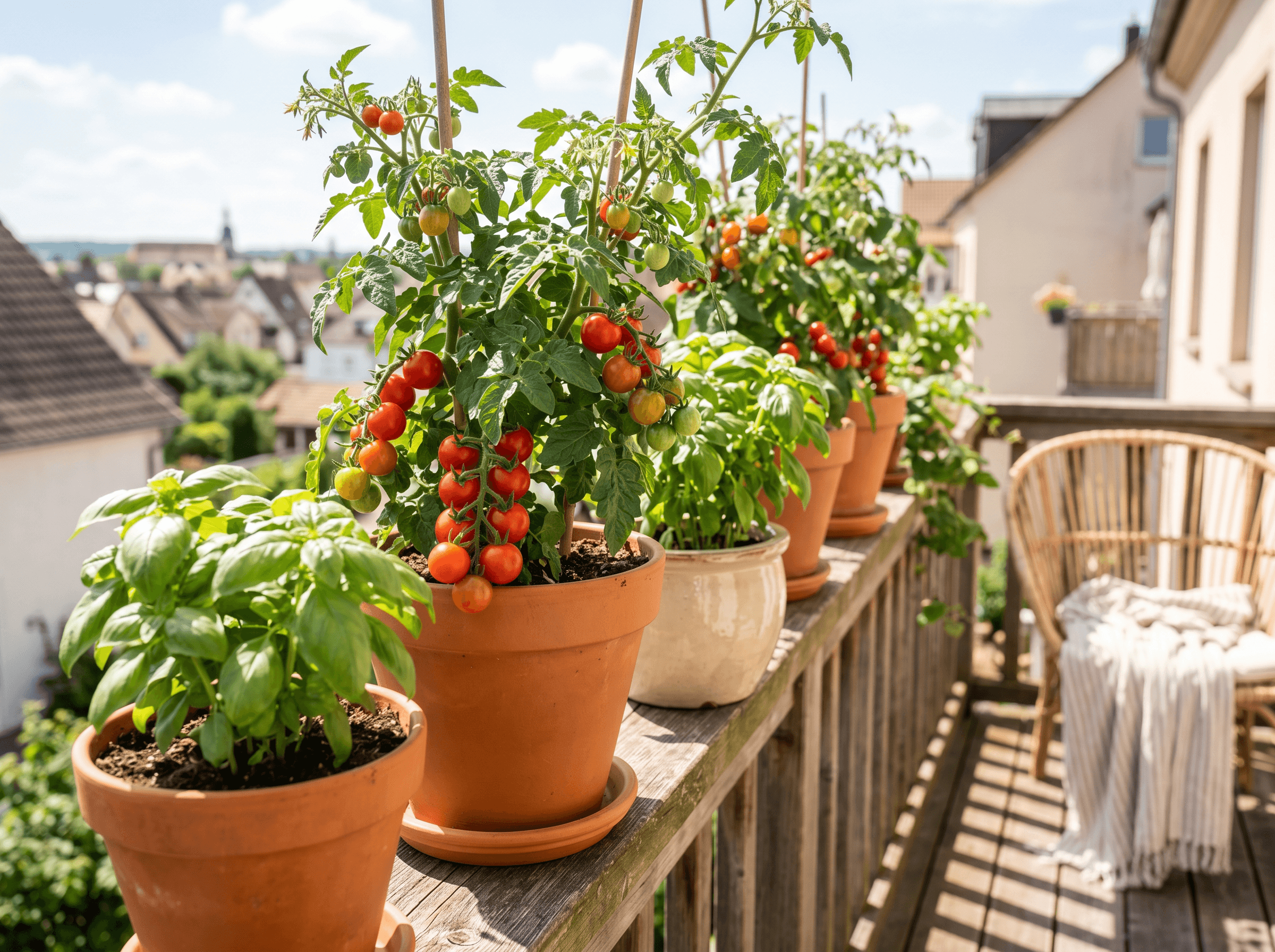Cherry tomatoes and herbs in balcony containers